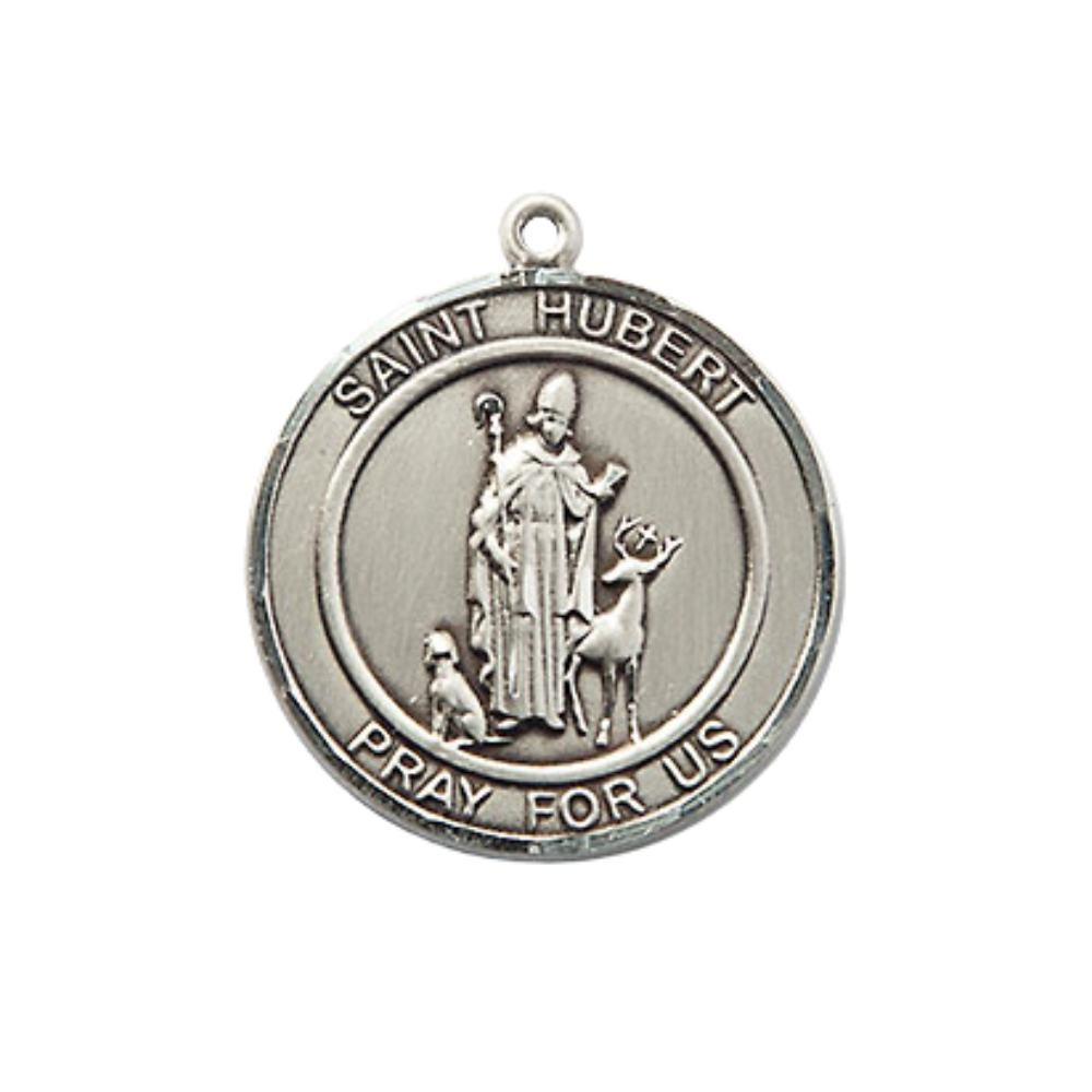 Medium Men's .925 Sterling Silver Saint St. Hubert of Liege Medal Pendant on 24 Inch Endless Rhodium Plated Heavy Curb Brass Chain, Catholic Religious Necklace - Made in USA- Deluxe Velvet Gift Box