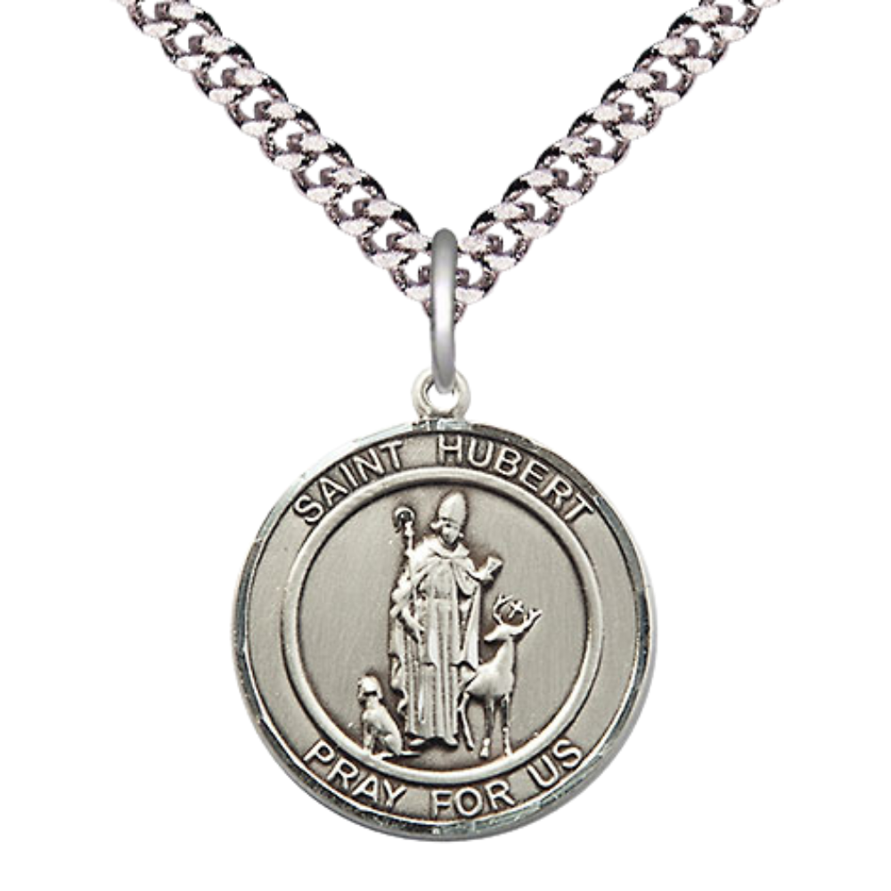 Medium Men's Pewter Saint St. Hubert of Liege Medal Pendant on 24 Inch Endless Rhodium Plated Heavy Curb Brass Chain, Catholic Religious Necklace - Made in USA- Deluxe Velvet Gift Box
