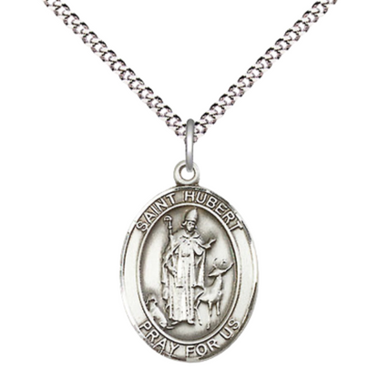 Medium Women's .925 Sterling Silver Saint St. Hubert of Liege Pendant Necklace on 18- Inch Light Rhodium Light Curb Chain – Patron Saint St. of Archers, Hunters & Dogs, Catholic Medal – Velvet Gift Box Included