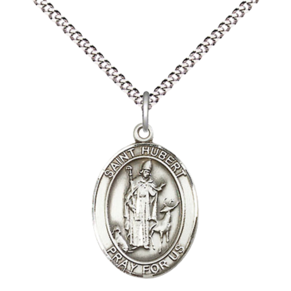Everlasting Light Jewelry Medium Women's Pewter Saint St. Hubert of Liege Pendant Necklace on 18- inch Rhodium- Plated Lite Curb Brass Chain, Catholic Medal - Patron Saint. of Archers, Hunters, and Dogs– Gift Box Included