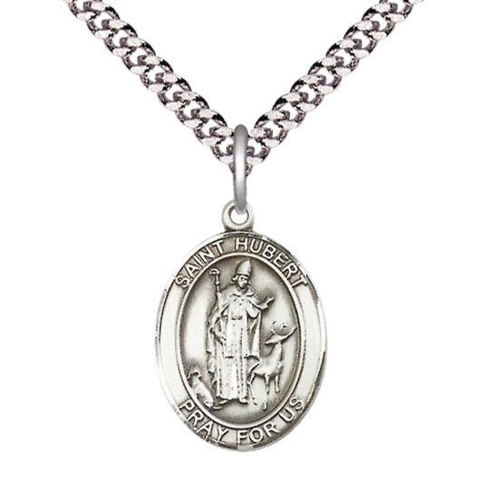 Medium Mens Oval .925 Sterling Silver Saint St. Hubert of Liege Medal Pendant on 24 Inch Rhodium Plated Heavy Curb Brass Chain w/ Lobster Claw Clasp, Catholic Religious Necklace - Made in USA- Velvet Gift Box