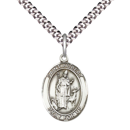 Medium Men's .925 Sterling Silver Patron Saint St. Hubert of Liege Medal Pendant with 24 Inch Rhodium Plated Heavy Curb Chain Catholic Religious Necklace - Made in USA, Deluxe Velvet Gift Box