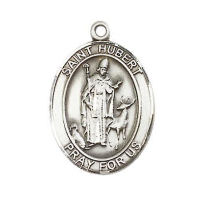 Medium Mens Oval .925 Sterling Silver Saint St. Hubert of Liege Medal Pendant on 24 Inch Rhodium Plated Heavy Curb Brass Chain w/ Lobster Claw Clasp, Catholic Religious Necklace - Made in USA- Velvet Gift Box
