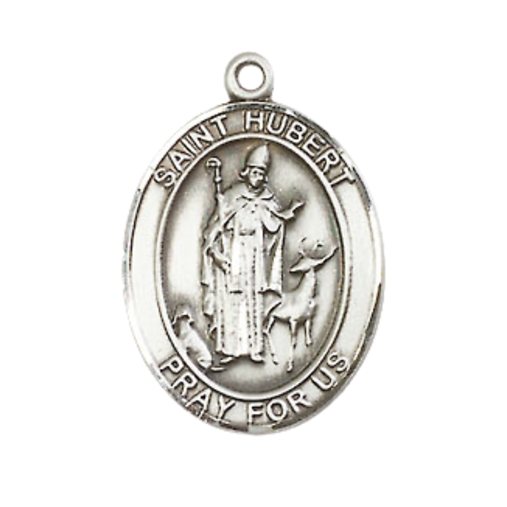 Everlasting Light Jewelry Medium Men's Pewter Patron Saint St. Hubert of Liege Medal Pendant with 24 Inch Rhodium Plated Heavy Curb Chain Catholic Religious Necklace - Made in USA, Deluxe Velvet Gift Box