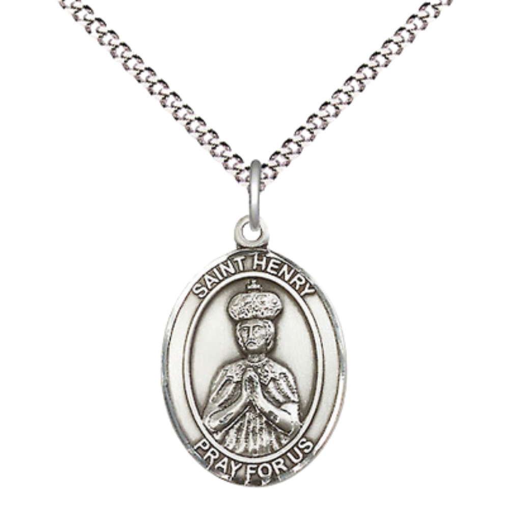 Everlasting Light Jewelry Medium Women's Pewter Saint St. Henry II Pendant Necklace on 18- inch Rhodium- Plated Lite Curb Brass Chain, Catholic Medal - Patron Saint. of the Handicapped and no Offspring– Velvet Gift Box Included