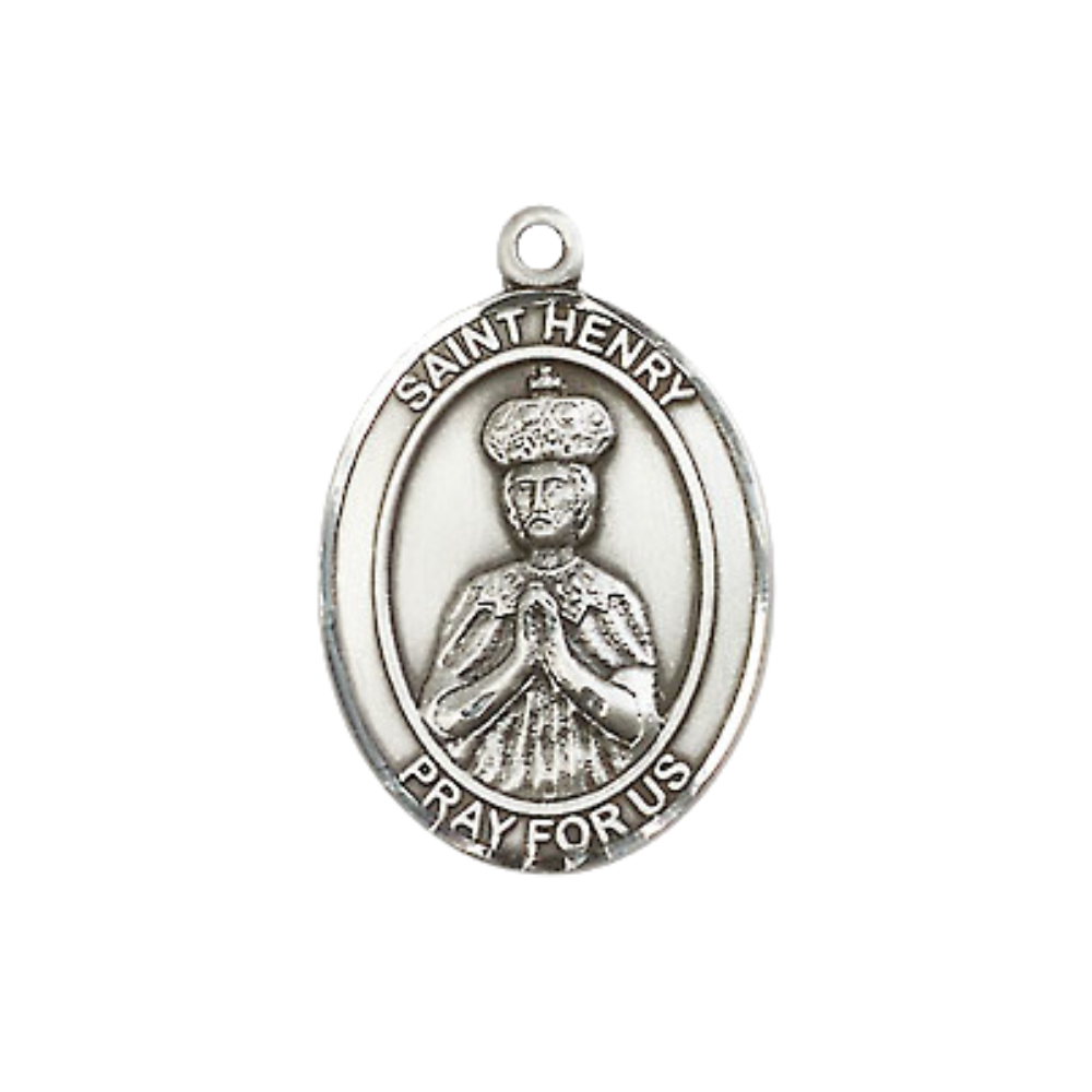 Medium Women's .925 Sterling Silver Saint St. Henry II Pendant Necklace on 18- Inch Rhodium Plated Lite Curb Brass Chain – Patron Saint St. of the Handicapped & Childless, Catholic Medal – Velvet Gift Box Included