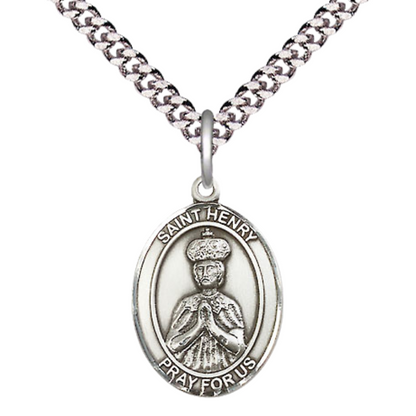 Everlasting Light Jewelry Medium Men's Pewter Saint St. Henry II Medal Pendant on 24 Inch Endless Rhodium Plated Heavy Curb Brass Chain, Catholic Religious Necklace - Made in USA- Deluxe Velvet Gift Box
