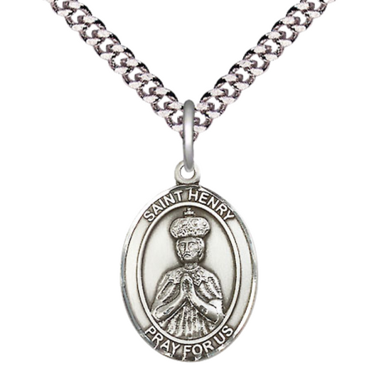 Everlasting Light Jewelry Medium Men's Pewter Saint St. Henry II Medal Pendant on 24 Inch Endless Rhodium Plated Heavy Curb Brass Chain, Catholic Religious Necklace - Made in USA- Deluxe Velvet Gift Box
