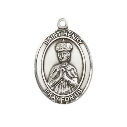 Everlasting Light Jewelry Medium Men's Pewter Saint St. Henry II Medal Pendant on 24 Inch Endless Rhodium Plated Heavy Curb Brass Chain, Catholic Religious Necklace - Made in USA- Deluxe Velvet Gift Box
