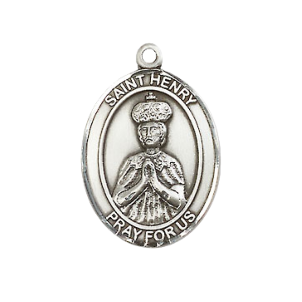 Mens Medium Oval Sterling Silver Saint Henry II Medal Pendant on 24" Rhodium Plated Heavy Curb Brass Chain w/ Lobster Claw Clasp, Catholic Religious Necklace -Made in USA-Velvet Gift Box