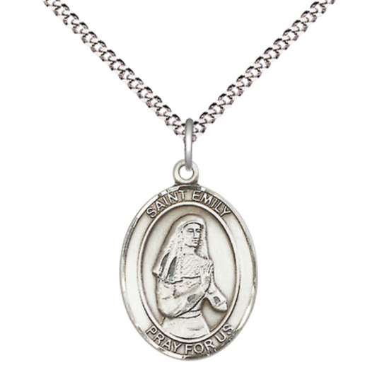 Everlasting Light Jewelry Medium Women's .925 Sterling Silver Saint St. Emily de Vialar Pendant Necklace on 18Inch Rhodium Plated Lite Curb Brass Chain, Catholic Medal – Patron Saint St. of Single Laywomen – Velvet Gift Box Included