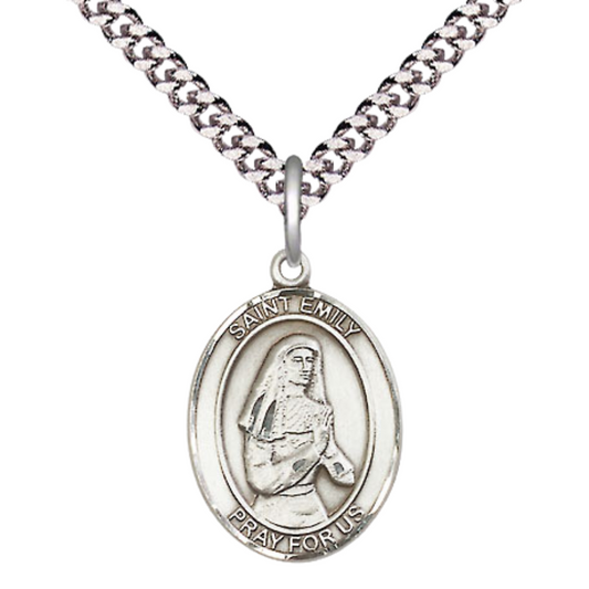 Medium Men's Pewter Saint St. Emily de Vialar Medal Pendant on 24 Inch Endless Rhodium Plated Heavy Curb Brass Chain, Catholic Religious Necklace - Made in USA- Deluxe Velvet Gift Box