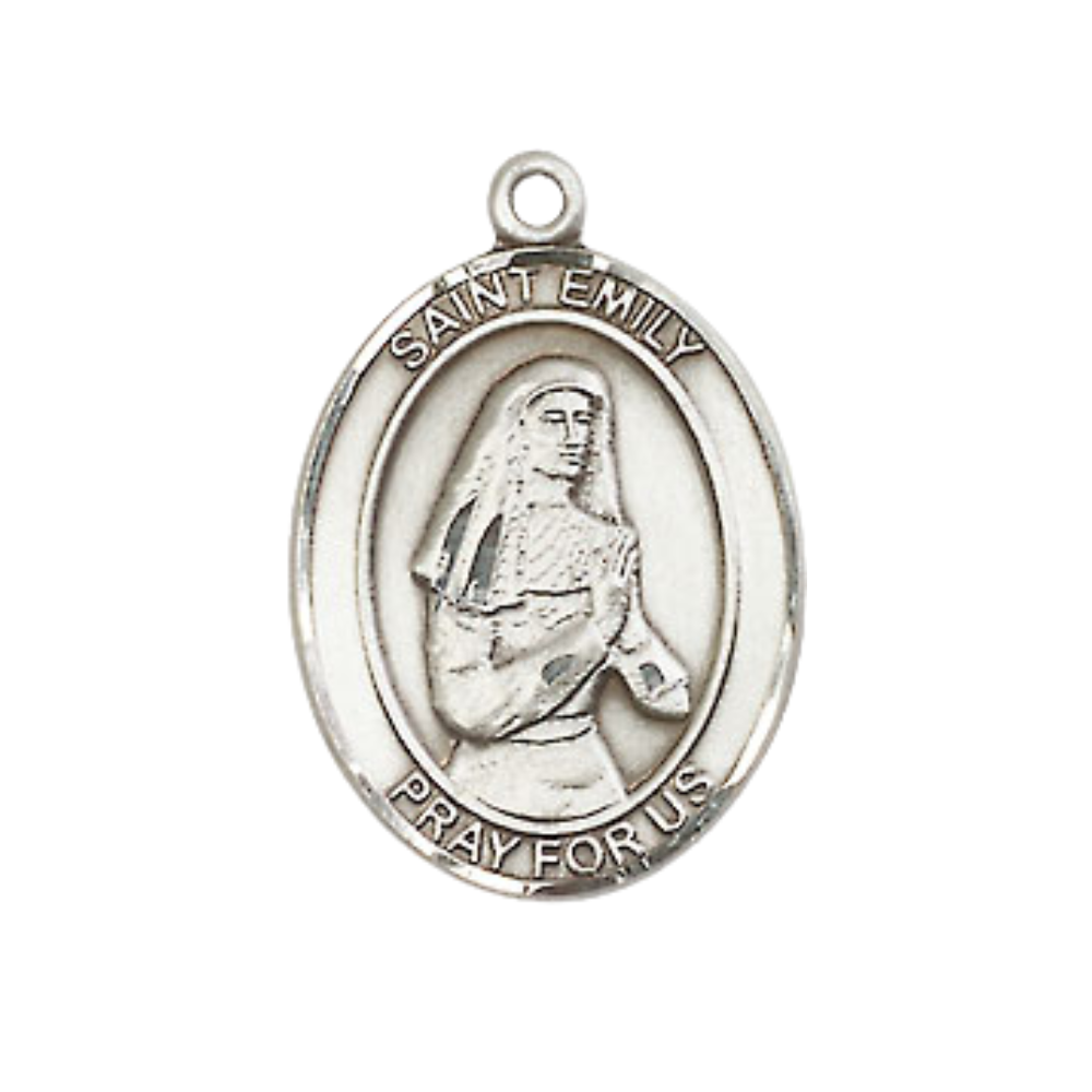 Medium Men's Pewter Saint St. Emily de Vialar Medal Pendant on 24 Inch Endless Rhodium Plated Heavy Curb Brass Chain, Catholic Religious Necklace - Made in USA- Deluxe Velvet Gift Box