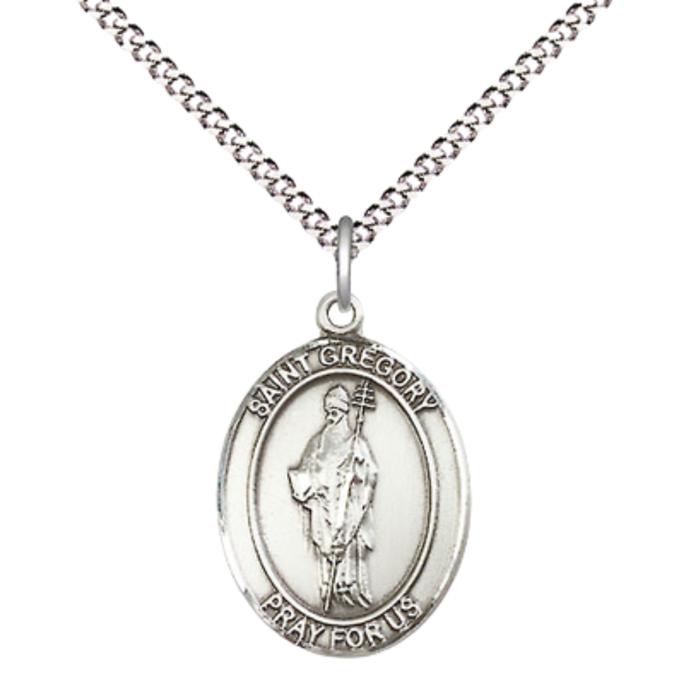 Medium Women's .925 Sterling Silver Saint St. Gregory the Great Pendant Necklace on 18- Inch Rhodium Plated Lite Curb Brass Chain – Patron Saint St. of Musicians & Singers, Catholic Medal – Velvet Gift Box Included