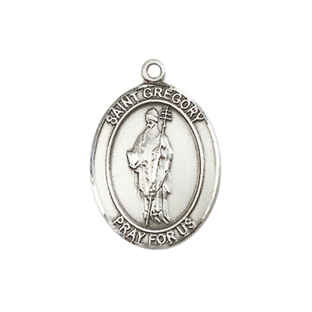 Medium Women's .925 Sterling Silver Saint St. Gregory the Great Pendant Necklace on 18- Inch Rhodium Plated Lite Curb Brass Chain – Patron Saint St. of Musicians & Singers, Catholic Medal – Velvet Gift Box Included