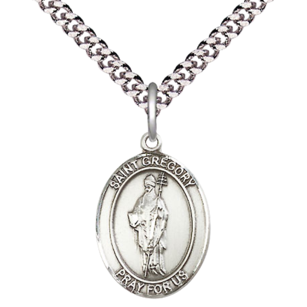 Medium Men's .925 Sterling Silver Saint St. Gregory the Great Medal Pendant on 24 Inch Endless Rhodium Plated Heavy Curb Brass Chain, Catholic Religious Necklace - Made in USA- Deluxe Velvet Gift Box