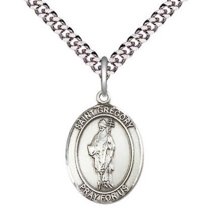 Medium Men's .925 Sterling Silver Saint St. Gregory the Great Medal Pendant on 24 Inch Endless Rhodium Plated Heavy Curb Brass Chain, Catholic Religious Necklace - Made in USA- Deluxe Velvet Gift Box