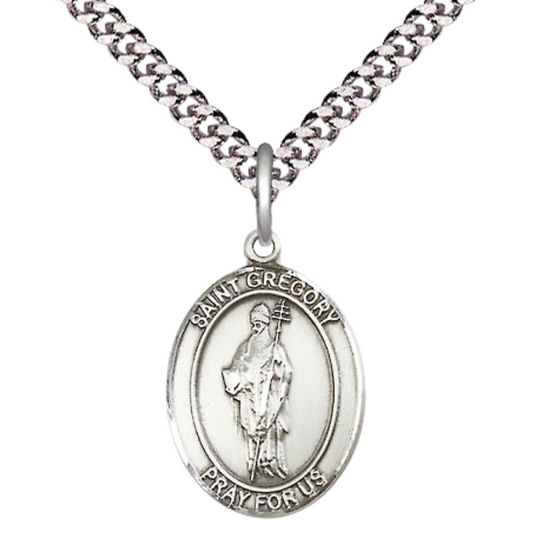 Medium Men's Pewter Saint St. Gregory the Great Medal Pendant on 24 Inch Endless Rhodium Plated Heavy Curb Brass Chain, Catholic Religious Necklace - Made in USA- Deluxe Velvet Gift Box