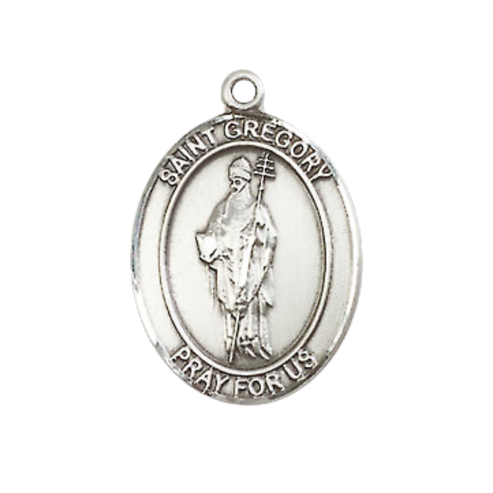 Mens Medium Oval Pewter Saint St. Gregory the Great Medal Pendant on 24 Inch Rhodium Plated Heavy Curb Brass Chain w/ Lobster Claw Clasp, Catholic Religious Necklace - Made in USA- Velvet Gift Box