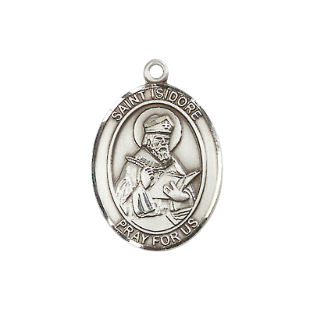 Everlasting Light Jewelry Medium Women's Pewter Saint St. Isidore of Seville Pendant Necklace on 18- inch Rhodium- Plated Lite Curb Brass Chain, Catholic Medal - Patron Saint. of Computers/Internet – Gift Box Included