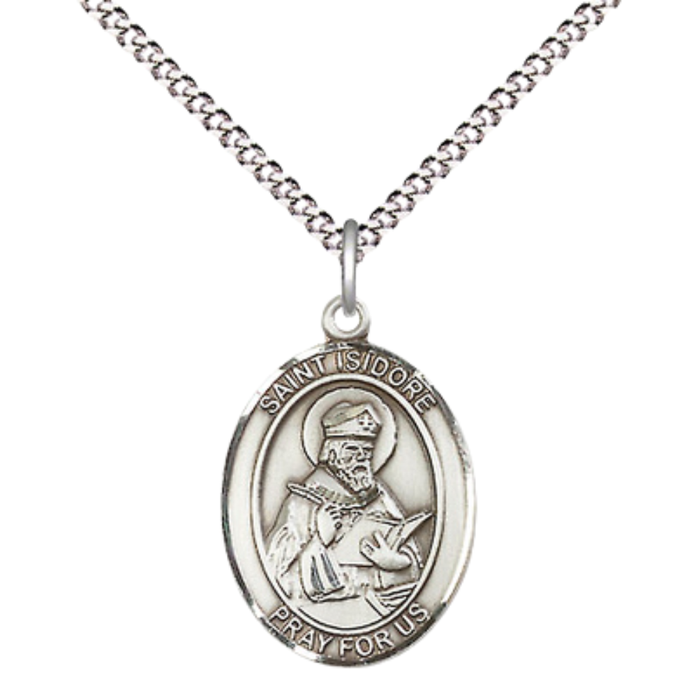 Medium Women's Sterling Silver Saint Isidore of Seville Pendant Necklace on 18-Inch Rhodium Plated Lite Curb Brass Chain – Patron Saint of Computers & the Internet – Velvet Gift Box Included