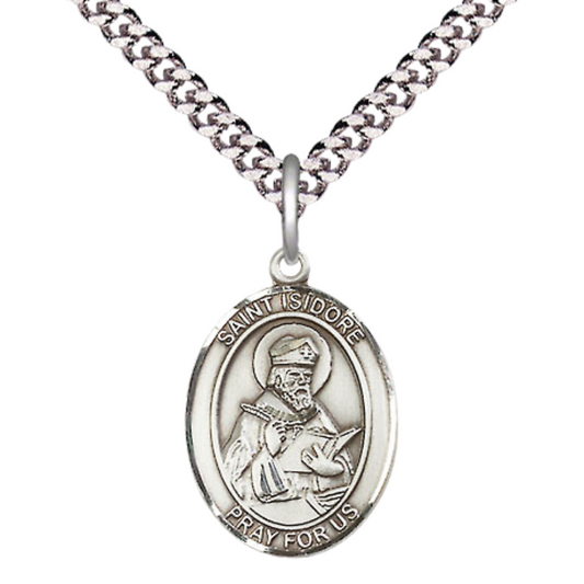Medium Men's Pewter Saint St. Isidore of Seville Medal Pendant on 24 Inch Endless Rhodium Plated Heavy Curb Brass Chain, Catholic Religious Necklace - Made in USA- Deluxe Velvet Gift Box