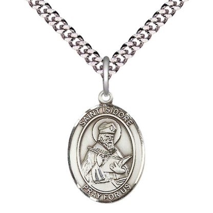 Medium Mens Oval .925 Sterling Silver Saint St. Isidore of Seville Medal Pendant on 24 Inch Rhodium Plated Heavy Curb Brass Chain w/ Lobster Claw Clasp, Catholic Religious Necklace - Made in USA- Velvet Gift Box