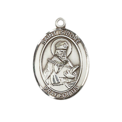 Mens Medium Oval Pewter Saint St. Isidore of Seville Medal Pendant on 24 Inch Rhodium Plated Heavy Curb Brass Chain w/ Lobster Claw Clasp, Catholic Religious Necklace - Made in USA- Velvet Gift Box