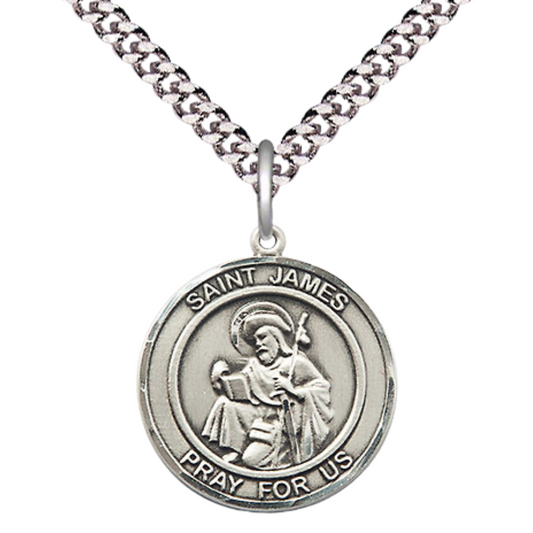Medium Men's .925 Sterling Silver Saint St. James the Greater Medal Pendant on 24 Inch Endless Rhodium Plated Heavy Curb Brass Chain, Catholic Religious Necklace - Made in USA- Deluxe Velvet Gift Box