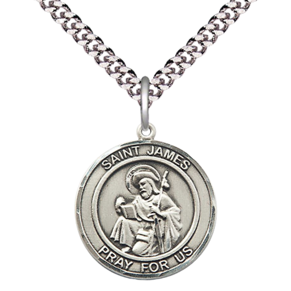 Medium Men's Pewter Saint St. James the Greater Medal Pendant on 24 Inch Endless Rhodium Plated Heavy Curb Brass Chain, Catholic Religious Necklace - Made in USA - Deluxe Velvet Gift Box
