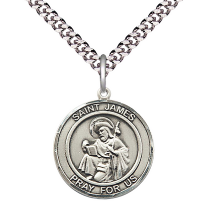 Medium Men's Pewter Saint St. James the Greater Medal Pendant on 24 Inch Endless Rhodium Plated Heavy Curb Brass Chain, Catholic Religious Necklace - Made in USA - Deluxe Velvet Gift Box