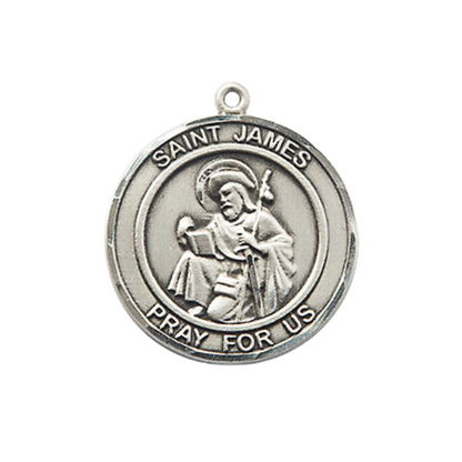 Medium Men's .925 Sterling Silver Saint St. James the Greater Medal Pendant on 24 Inch Endless Rhodium Plated Heavy Curb Brass Chain, Catholic Religious Necklace - Made in USA- Deluxe Velvet Gift Box