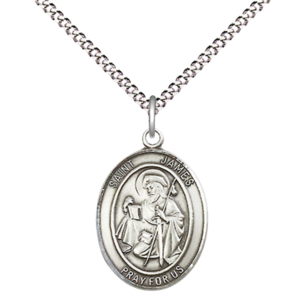 Everlasting Light Jewelry Medium Women's Pewter Saint St. James the Greater Pendant Necklace on 18- inch Rhodium- Plated Lite Curb Brass Chain – Patron Saint St. Against Arthritis, Catholic Medal – Velvet Gift Box Included