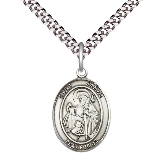 Medium Men's .925 Sterling Silver Saint St. James the Greater Medal Pendant on 24 Inch Endless Rhodium Plated Heavy Curb Brass Chain, Catholic Religious Necklace - Made in USA- Deluxe Velvet Gift Box
