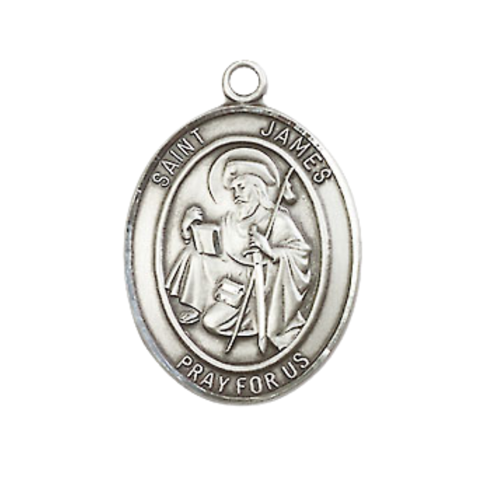 Medium Men's .925 Sterling Silver Saint St. James the Greater Medal Pendant on 24 Inch Endless Rhodium Plated Heavy Curb Brass Chain, Catholic Religious Necklace - Made in USA- Deluxe Velvet Gift Box