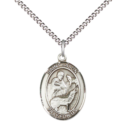 Everlasting Light Jewelry Medium .925 Sterling Silver Saint St. Jason Pendant Necklace on 18- Inch Rhodium Plated Lite Curb Brass Chain – Patron Saint St. of Those Named Jason, Catholic Medal – Velvet Gift Box Included