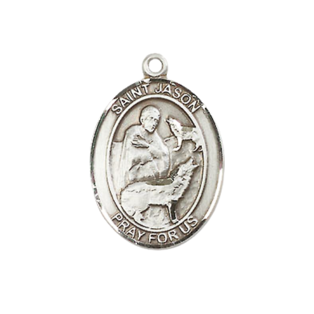Everlasting Light Jewelry Medium Men's Pewter Saint St. Jason Medal Pendant on 24 Inch Endless Rhodium Plated Heavy Curb Brass Chain, Catholic Religious Necklace - Made in USA- Deluxe Velvet Gift Box