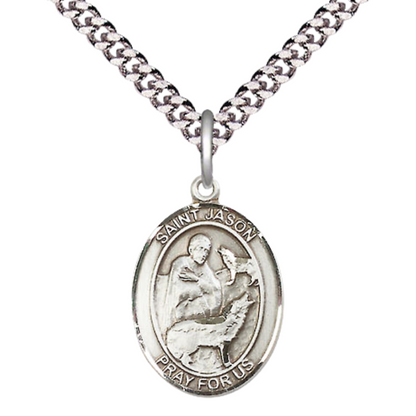 Everlasting Light Jewelry Medium Men's Pewter Saint St. Jason Medal Pendant on 24 Inch Endless Rhodium Plated Heavy Curb Brass Chain, Catholic Religious Necklace - Made in USA- Deluxe Velvet Gift Box