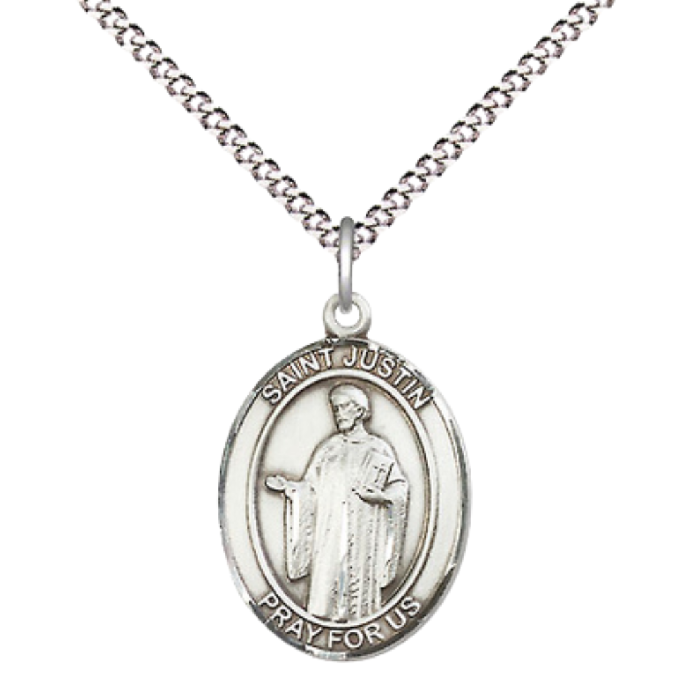 Everlasting Light Jewelry Medium Women's Pewter Saint Justin Pendant Necklace on 18-inch Rhodium-Plated Lite Curb Brass Chain – Patron Saint of Philosophers and Lecturers – Velvet Gift Box Included