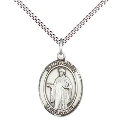 Everlasting Light Jewelry Medium Women's Pewter Saint Justin Pendant Necklace on 18-inch Rhodium-Plated Lite Curb Brass Chain – Patron Saint of Philosophers and Lecturers – Velvet Gift Box Included