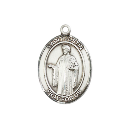 Everlasting Light Jewelry Medium Women's Pewter Saint Justin Pendant Necklace on 18-inch Rhodium-Plated Lite Curb Brass Chain – Patron Saint of Philosophers and Lecturers – Velvet Gift Box Included