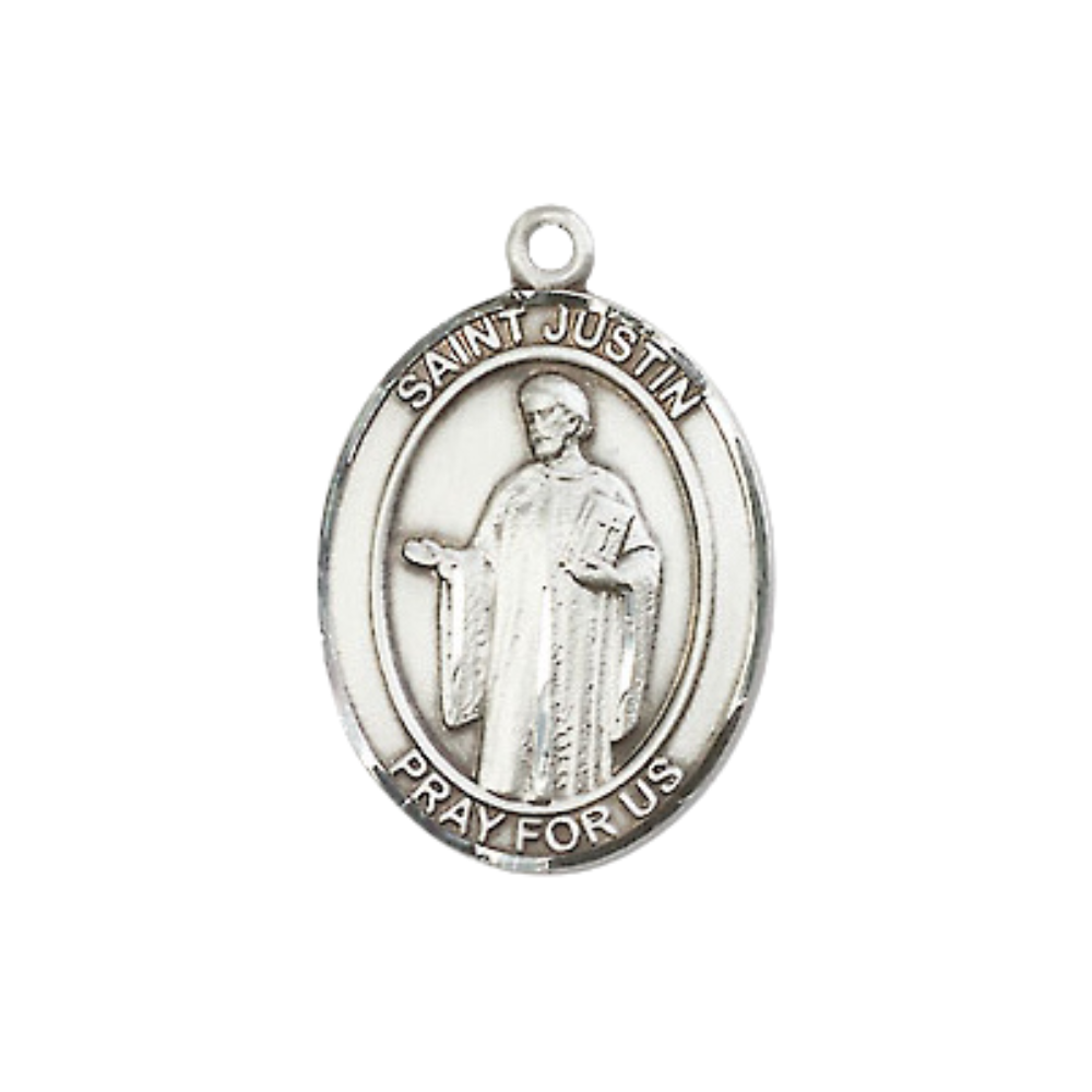 Everlasting Light Jewelry Medium Women's .925 Sterling Silver Saint St. Justin Pendant Necklace on 18- Inch Rhodium Plated Lite Curb Brass Chain – Patron Saint St. of Philosophers and Lecturers, Catholic Medal – Velvet Gift Box Included