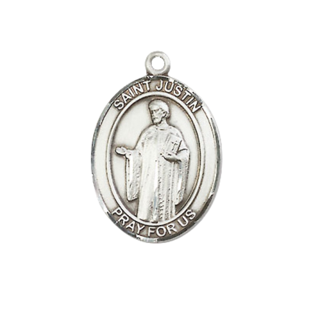 Everlasting Light Jewelry Medium Men's Pewter Saint St. Justin Medal Pendant on 24 Inch Endless Rhodium Plated Heavy Curb Brass Chain, Catholic Religious Necklace - Made in USA- Deluxe Velvet Gift Box