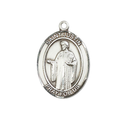 Medium Men's .925 Sterling Silver Saint St. Justin Medal Pendant on 24 Inch Endless Rhodium Plated Heavy Curb Brass Chain, Catholic Religious Necklace - Made in USA- Deluxe Velvet Gift Box
