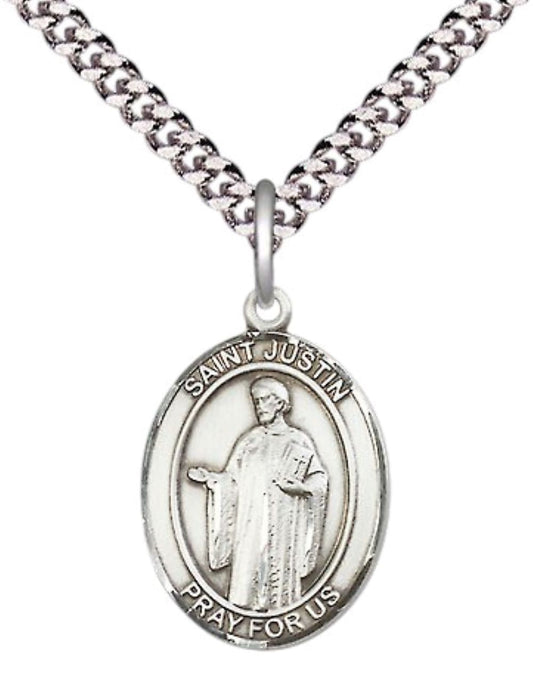 Everlasting Light Jewelry Medium Men's Pewter Saint St. Justin Medal Pendant on 24 Inch Endless Rhodium Plated Heavy Curb Brass Chain, Catholic Religious Necklace - Made in USA- Deluxe Velvet Gift Box