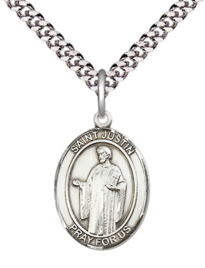 Mens Medium Oval Pewter Saint St. Justin Medal Pendant on 24 Inch Rhodium Plated Heavy Curb Brass Chain with Lobster Claw Clasp, Catholic Religious Necklace - Made in USA- Deluxe Velvet Gift Box