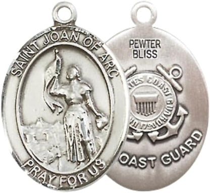 Medium Women's Pewter Saint St. Joan of Arc Coast Guard Pendant Necklace on 18- inch Rhodium- Plated Lite Curb Brass Chain – Patron Saint St. of Soldiers and France, Catholic Medal – Velvet Gift Box Included