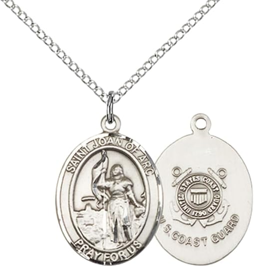 Medium Women's Pewter Saint St. Joan of Arc Coast Guard Pendant Necklace on 18- inch Rhodium- Plated Lite Curb Brass Chain – Patron Saint St. of Soldiers and France, Catholic Medal – Velvet Gift Box Included