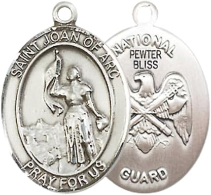 Medium Women's Pewter Saint St. Joan of Arc National Guard Pendant Necklace on 18- inch Rhodium- Plated Lite Curb Brass Chain – Patron Saint St. of Soldiers and France, Catholic Medal – Velvet Gift Box Included