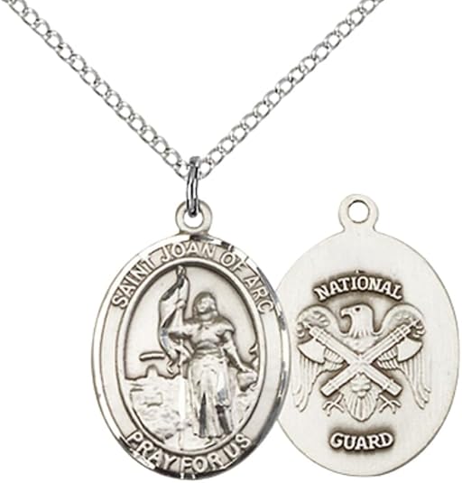 Medium Women's Pewter Saint St. Joan of Arc National Guard Pendant Necklace on 18- inch Rhodium- Plated Lite Curb Brass Chain – Patron Saint St. of Soldiers and France, Catholic Medal – Velvet Gift Box Included